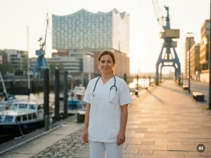 Krankenschwester in Scrubs an der Hamburger Hafenpromenade, Elbphilharmonie im goldenen Morgenlicht im Hintergrund.