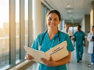Krankenschwester in Scrubs prüft Karriereunterlagen in hellem Krankenhausflur, Stethoskop auf der Schulter, goldenes Fensterlicht.