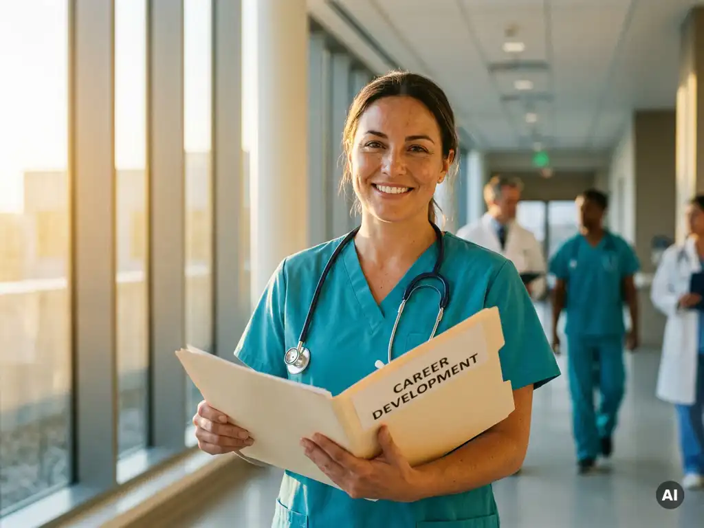 Krankenschwester in Scrubs prüft Karriereunterlagen in hellem Krankenhausflur, Stethoskop auf der Schulter, goldenes Fensterlicht.