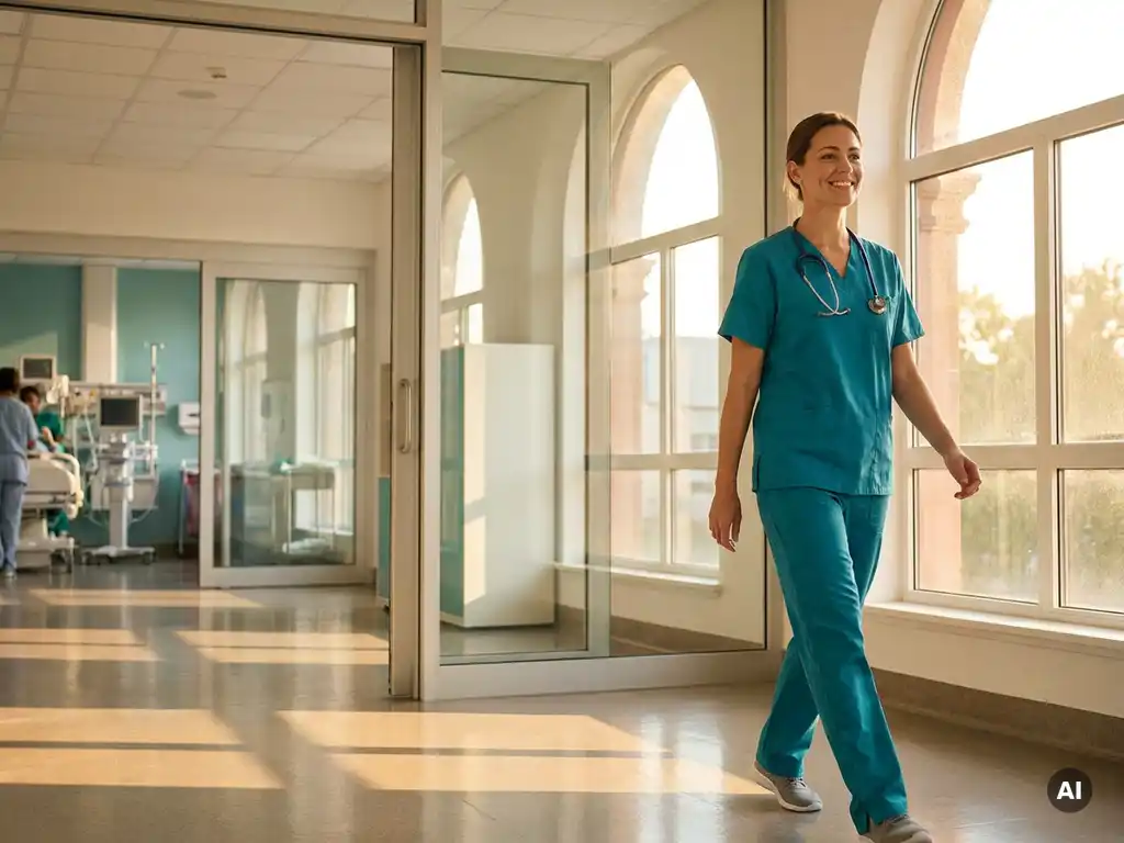 Krankenschwester in Scrubs geht selbstbewusst durch einen hellen Krankenhausflur mit Tageslicht und Glaswand.