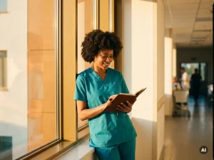 Krankenschwester in teal Scrubs prüft Tagesplaner am sonnendurchfluteten Krankenhausflur-Fenster mit ruhiger, selbstbewusster Haltung.