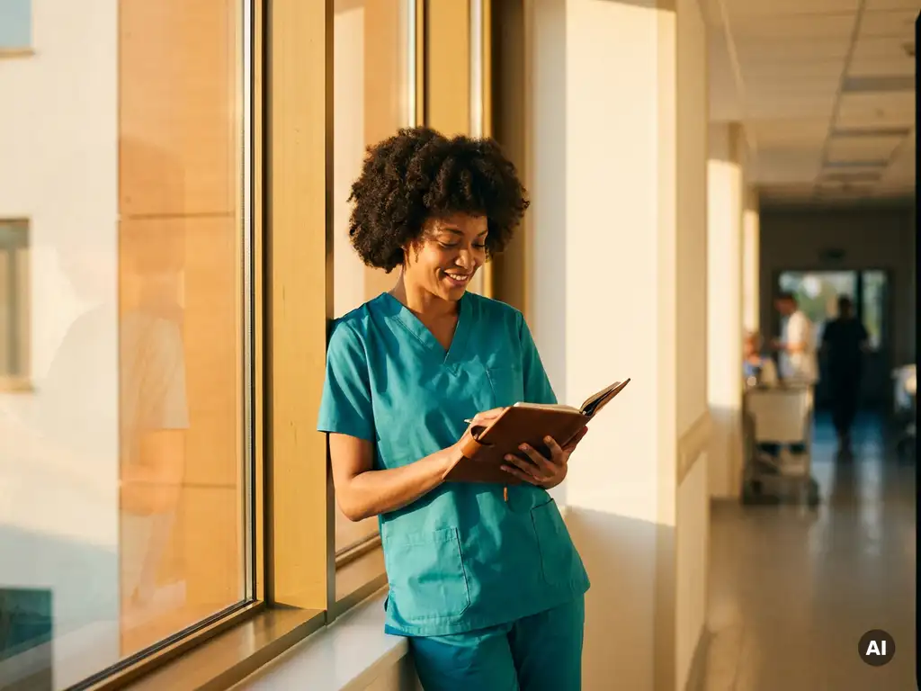 Krankenschwester in teal Scrubs prüft Tagesplaner am sonnendurchfluteten Krankenhausflur-Fenster mit ruhiger, selbstbewusster Haltung.