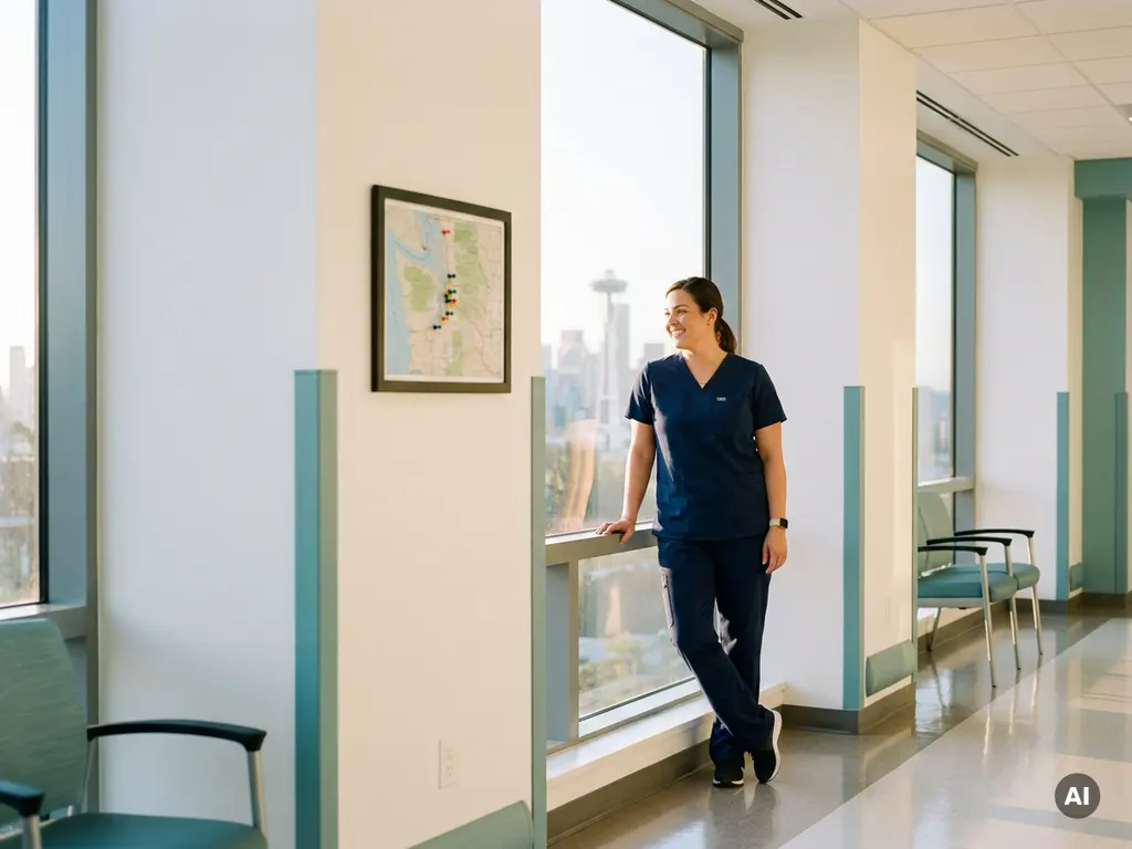 Krankenschwester in Scrubs steht am Krankenhausflurfenster mit Stadtpanorama, regionale Karte an der Wand, warmes Morgenlicht.