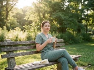 Krankenschwester in Scrubs genießt Kaffeepause auf Parkbank mit offenem Notizbuch, warmes Nachmittagslicht zwischen grünen Bäumen.
