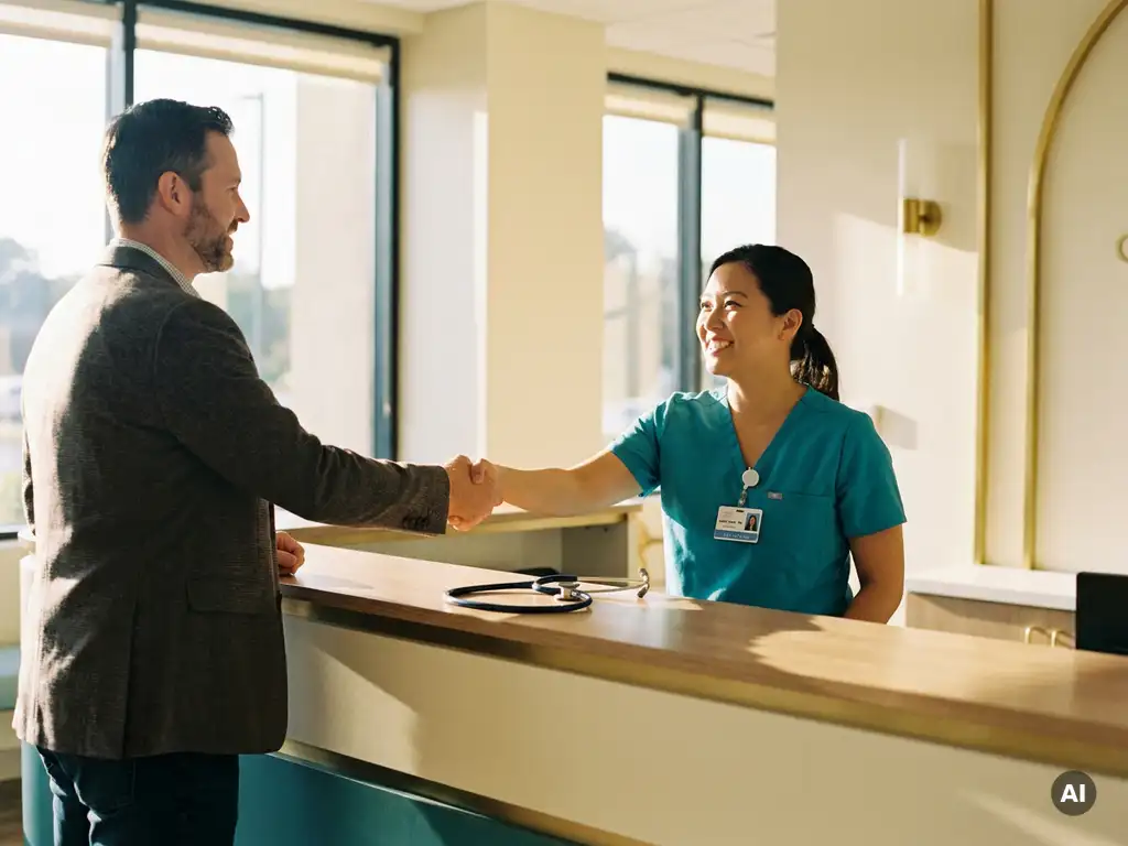 Krankenschwester in Scrubs gibt Recruiter am Kliniktisch die Hand, Stethoskop und Dienstausweis sichtbar.