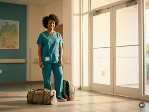 Krankenpflegerin in Scrubs mit Reisegepäck am Krankenhauseingang, Deutschlandkarte im Hintergrund, goldenes Morgenlicht.