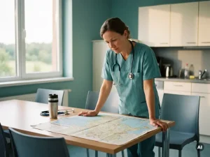 Krankenpflegerin in Scrubs studiert eine Karte von Schleswig-Holstein im Pausenraum, Stethoskop daneben, weiches Nordlicht.