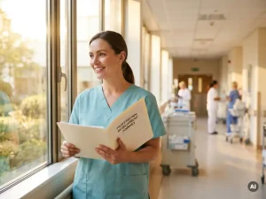 Krankenschwester in Scrubs hält Weiterbildungsmappe am sonnendurchfluteten Krankenhausflurfenster.