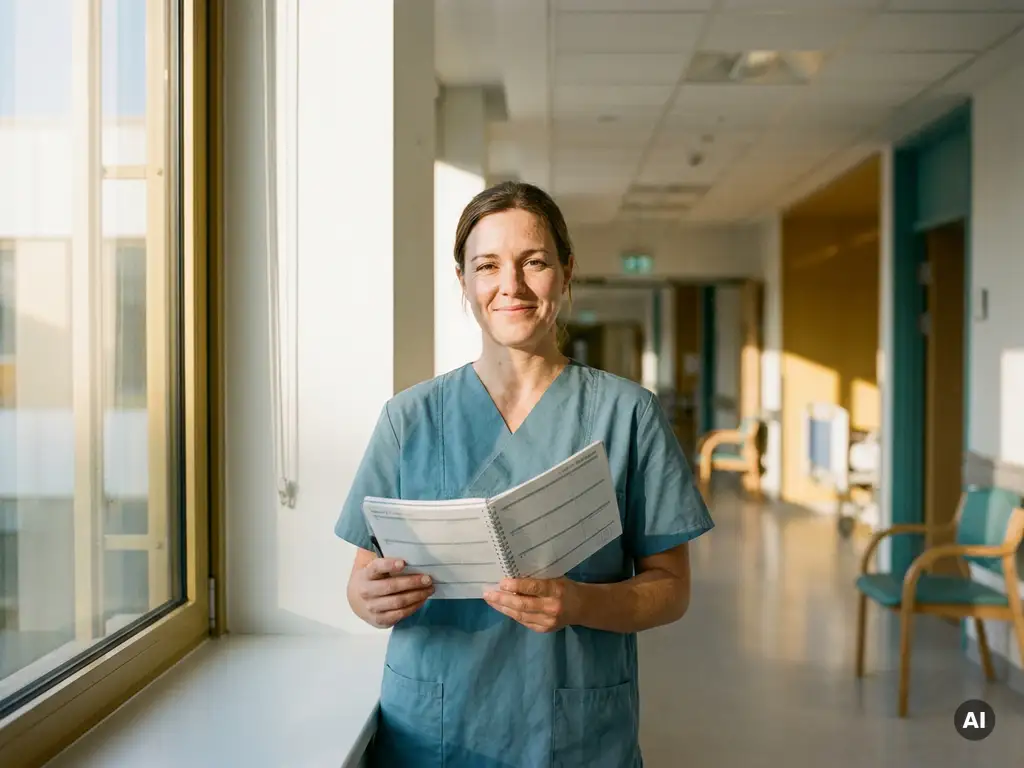 Krankenschwester in Scrubs hält Wochenplaner am sonnendurchfluteten Krankenhausflur, warmes Morgenlicht, flache Tiefenschärfe.