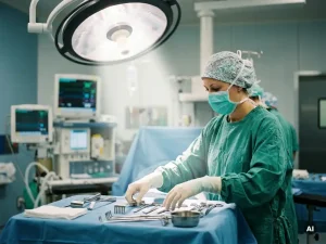 Scrub Nurse in sterilem OP-Kittel arrangiert Edelstahlinstrumente auf abgedecktem Operationstisch unter hellem Deckenlicht.