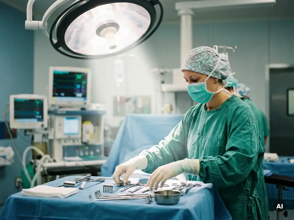 Scrub Nurse in sterilem OP-Kittel arrangiert Edelstahlinstrumente auf abgedecktem Operationstisch unter hellem Deckenlicht.