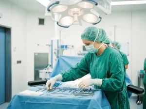 Scrub Nurse in sterilem grünem OP-Kittel arrangiert chirurgische Instrumente auf einem Mayo-Tisch im Operationssaal.
