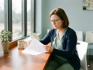 Krankenpflegerin in Scrubs liest Vertragsunterlagen am Empfangstresen einer Klinik, Kaffeetasse daneben, natürliches Licht.