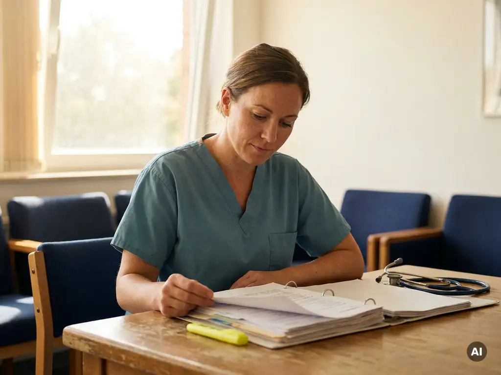 Krankenpflegerin in Scrubs studiert medizinisches Zertifizierungsheft am Pausentisch, Stethoskop und Textmarker daneben, warmes Fensterlicht.