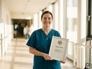 Krankenschwester in blaugrünen Scrubs hält deutsches Anerkennungsdokument in hellem Krankenhausflur.