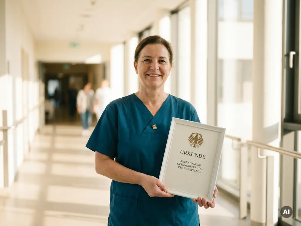 Krankenschwester in blaugrünen Scrubs hält deutsches Anerkennungsdokument in hellem Krankenhausflur.