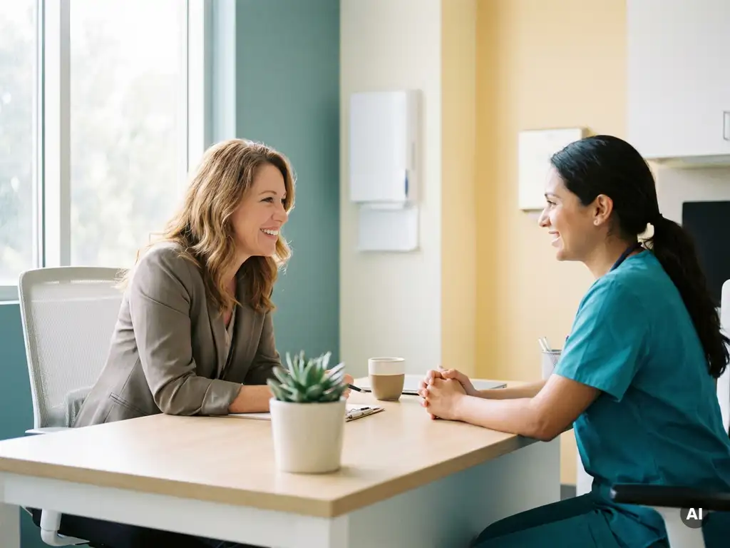 Recruiterin im Gespräch mit einer Krankenpflegerin in Scrubs an einem modernen Schreibtisch, natürliches Licht, ruhige Atmosphäre.